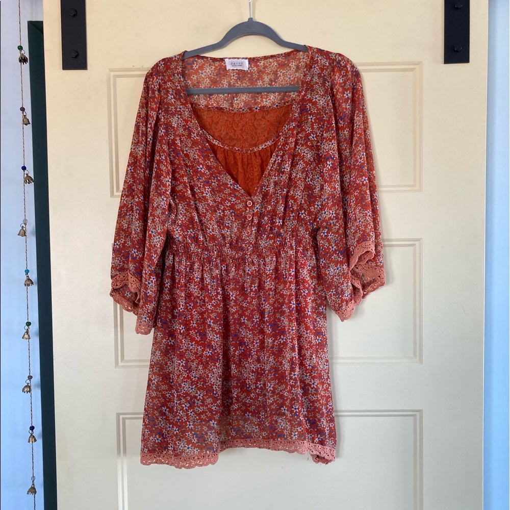 Perch by blu peppe Orange Floral Bell Sleeve Tunic
